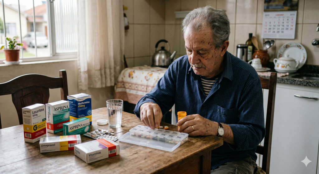 Idoso organizando medicamentos em organizador semanal sobre a mesa, representando cuidado diário e atenção ao uso correto de remédios.