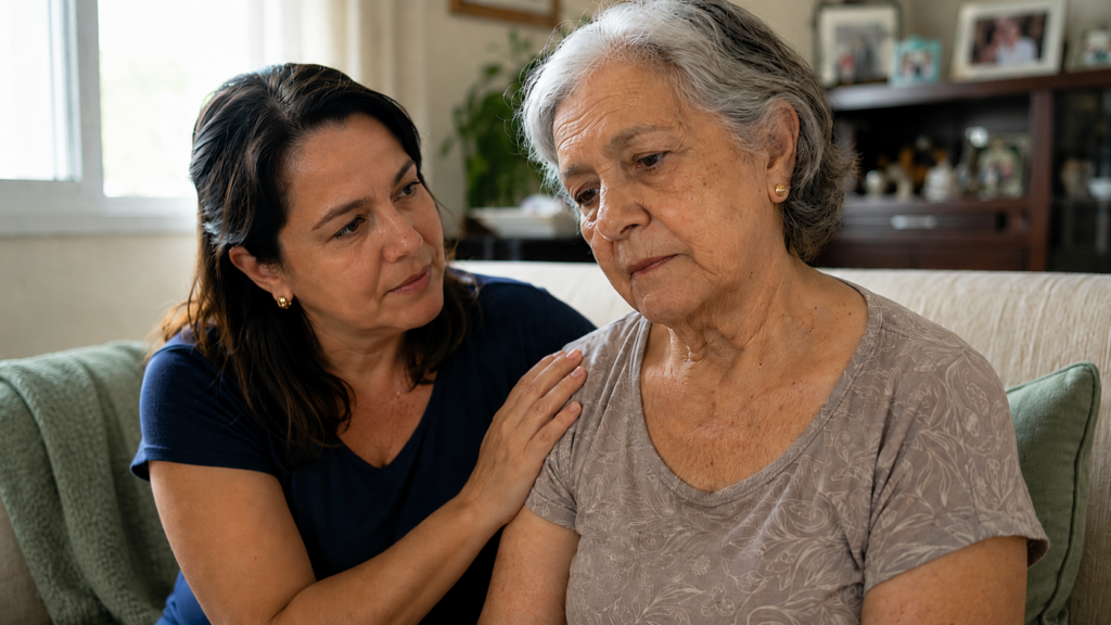 Filha adulta e mãe idosa de mãos dadas em momento de afeto — decisão consciente sobre residencial para idosos em Curitiba